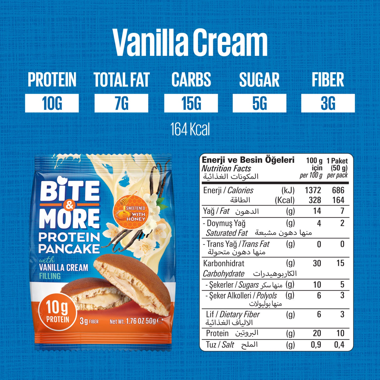 Bite & More Protein Pancake 50g Vanilya Kremalı Pankek (12li Kutu)
