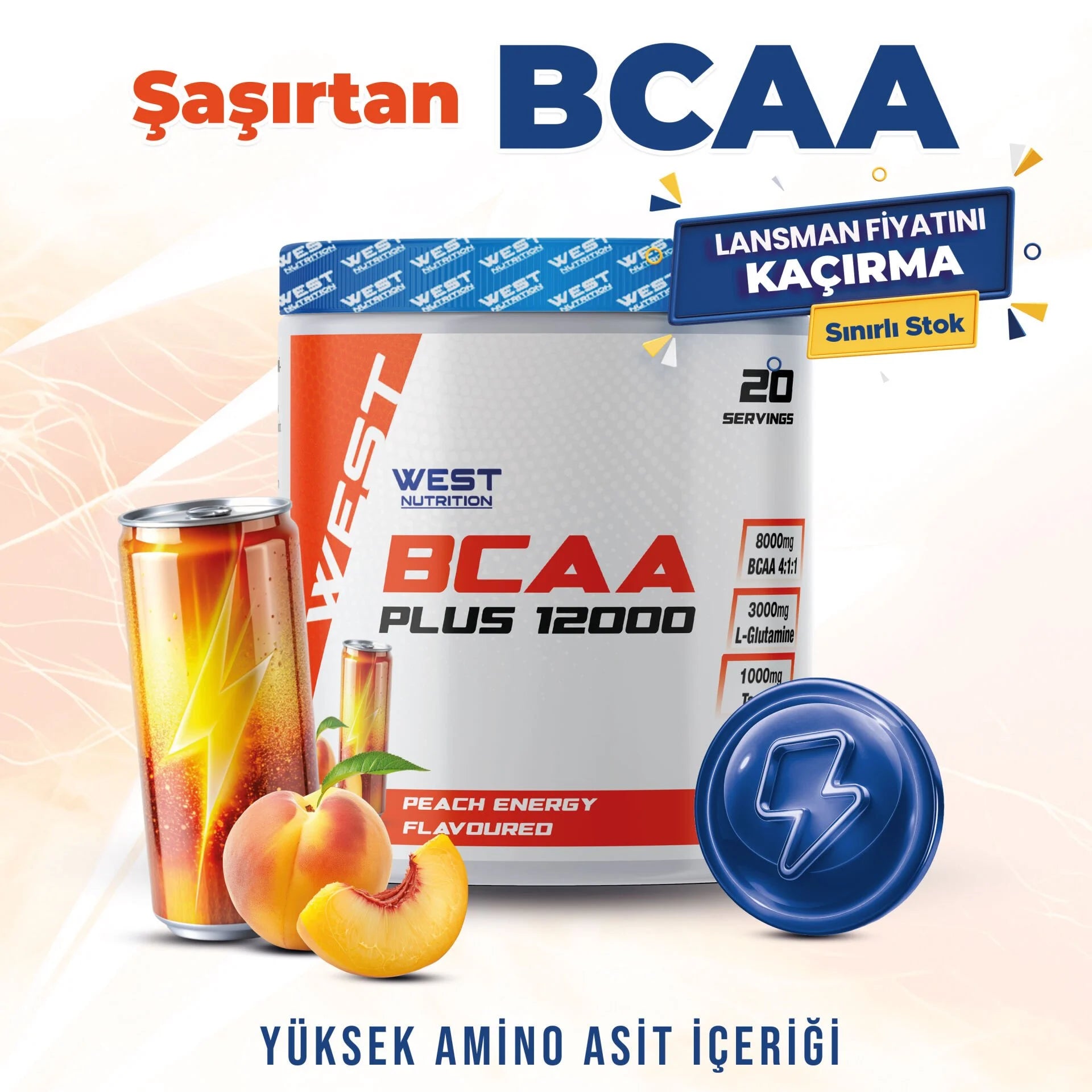 West BCAA Plus 12000 Glutamin Taurin 300g Şeftali Enerji Aromalı Kompleks Amino