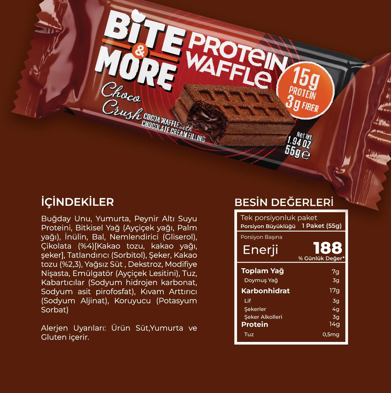 Bite & More Choco Rush Protein Waffle 50g - Çikolata Dolgulu (Tekli)
