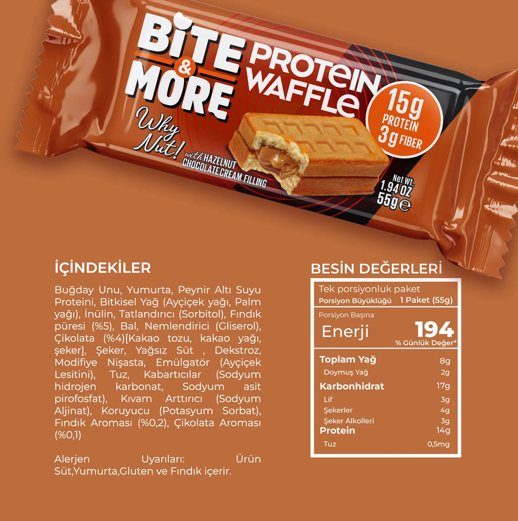 Bite & More Why Nut? Protein Waffle 55g - Fındık Aromalı (Tekli)