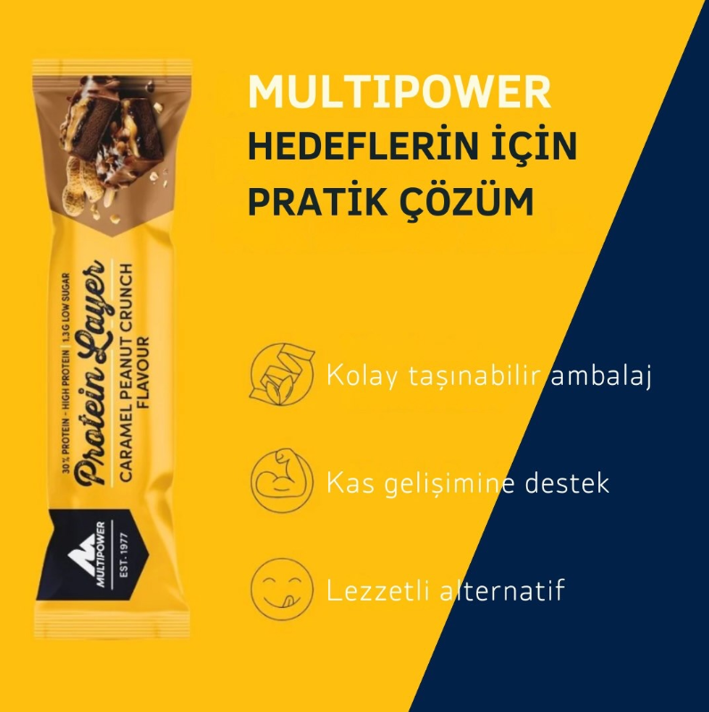 Multipower Protein Layer Karamel ve Yer Fıstıklı Protein Bar 50g (Tekli)