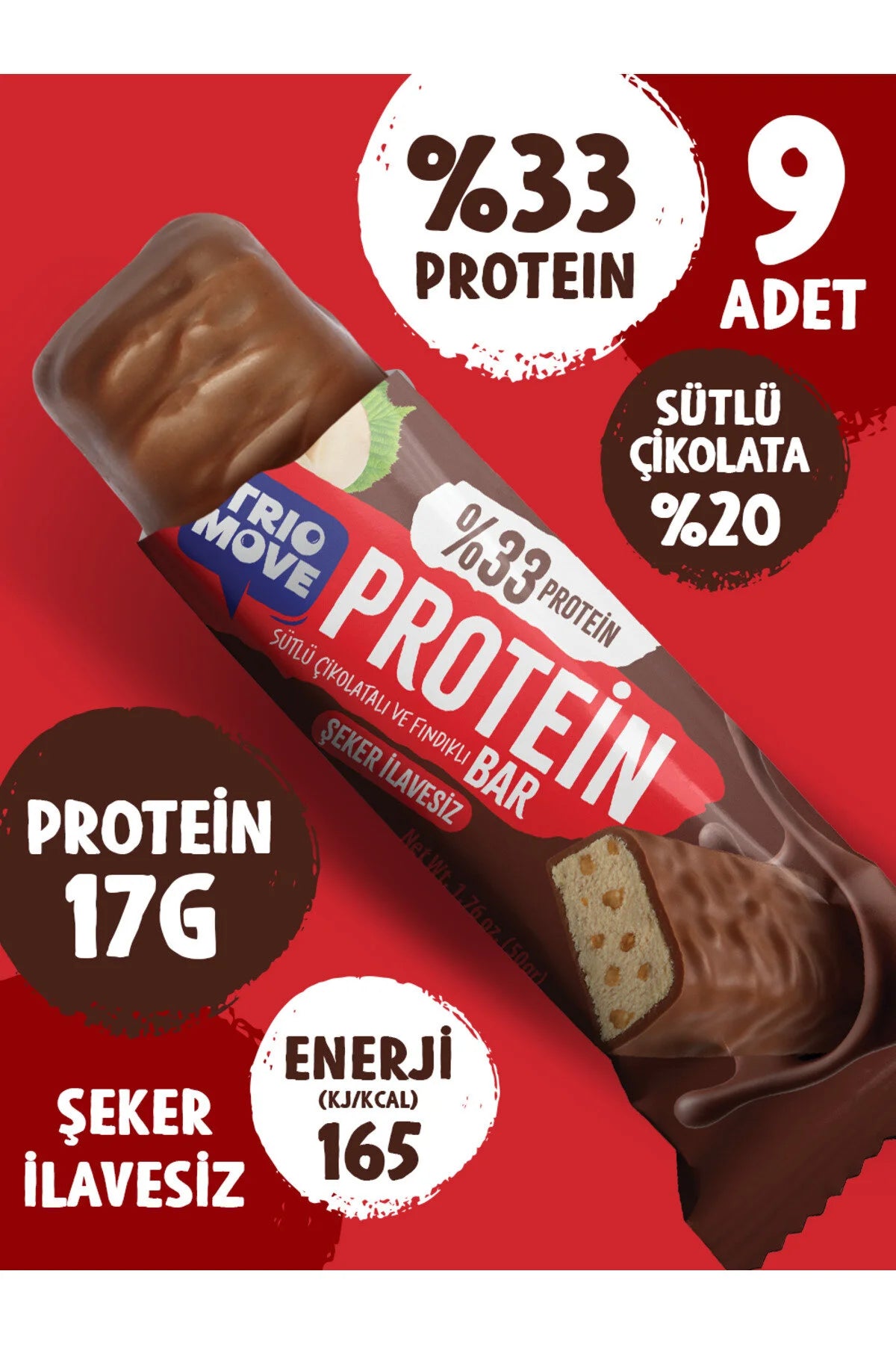 Trio Move %33 Protein Bar 9'lu Kutu - Parçacıklı Fındık Bar Ürün ikincil görseli