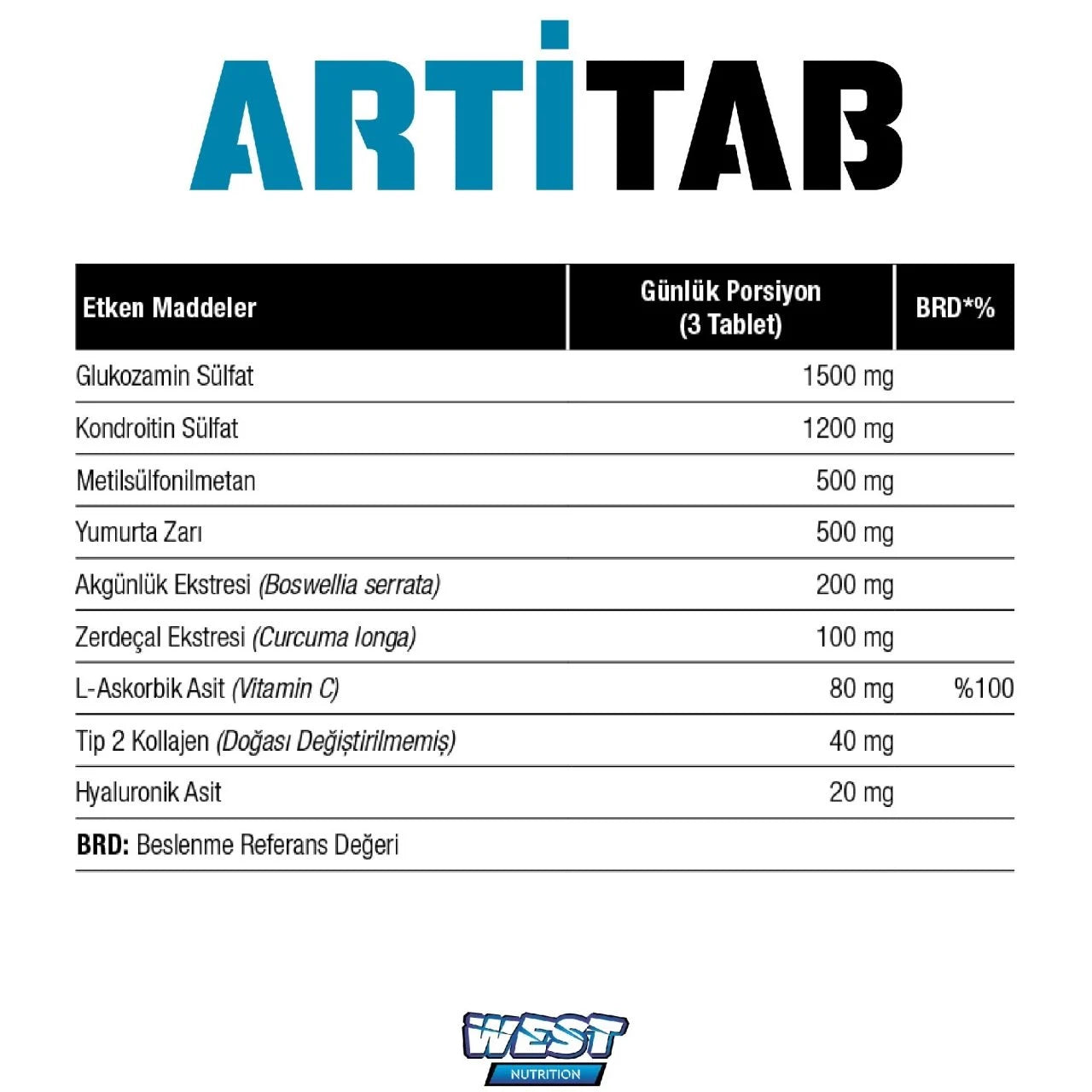 West Artitab Glukozamin Sülfat - Kondroitin Sülfat - MSM - Hyaluronik Asit - Tip 2 Kollajen 90 Tablet Ürün ikincil görseli
